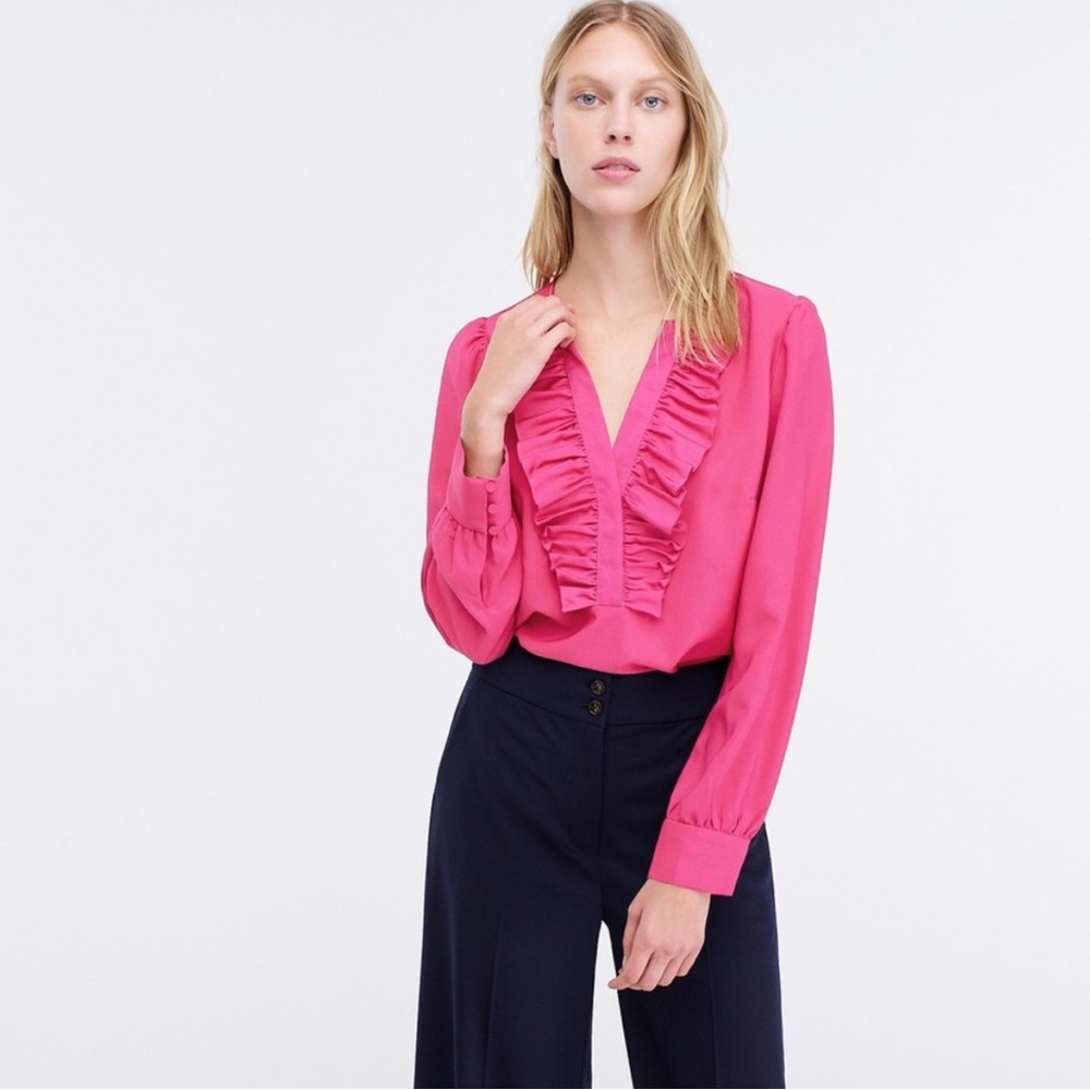 J.Crew Ruffle Pink Satin Crepe Long Sleeve Top Blouse